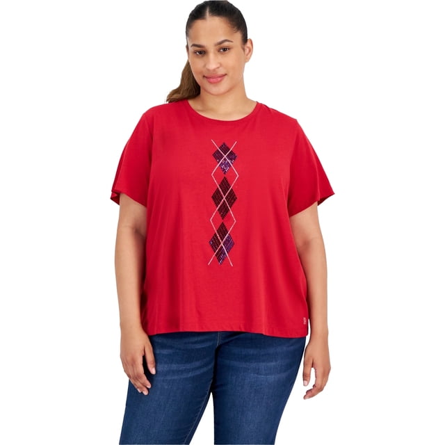 Tommy Hilfiger T-Shirt Brodé et Orné pour Femmes, Rouge, Grande Taille, 0X