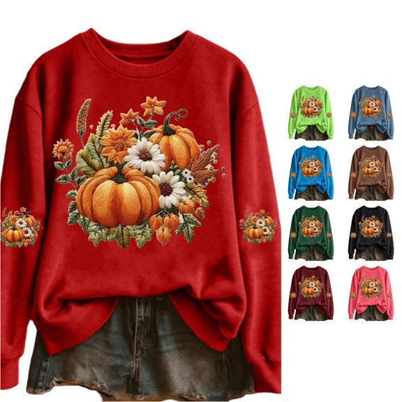 HCYSFG Women Halloween Autumn Pumpkin Sweatshirt Bouquet Sleeve Print Long Sleeve Crewneck Pullover Fall Winter Everyday Top