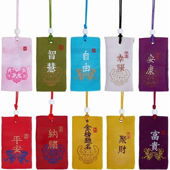 20pcs Japanese Omamori Amulets Good Luck Hanging Ornament 10 Colors Blessing Lucky Charm Hanging Sachet Bags for Wisdom Health Wealth Success Happiness Safeness