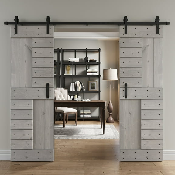 Coast Sequoia Inc Coast Sequoia 48in/60in/72in/84in x 84in S Series Pine Wood Double Sliding Barn Door With Hardware Kit Light Grey 48inx84in