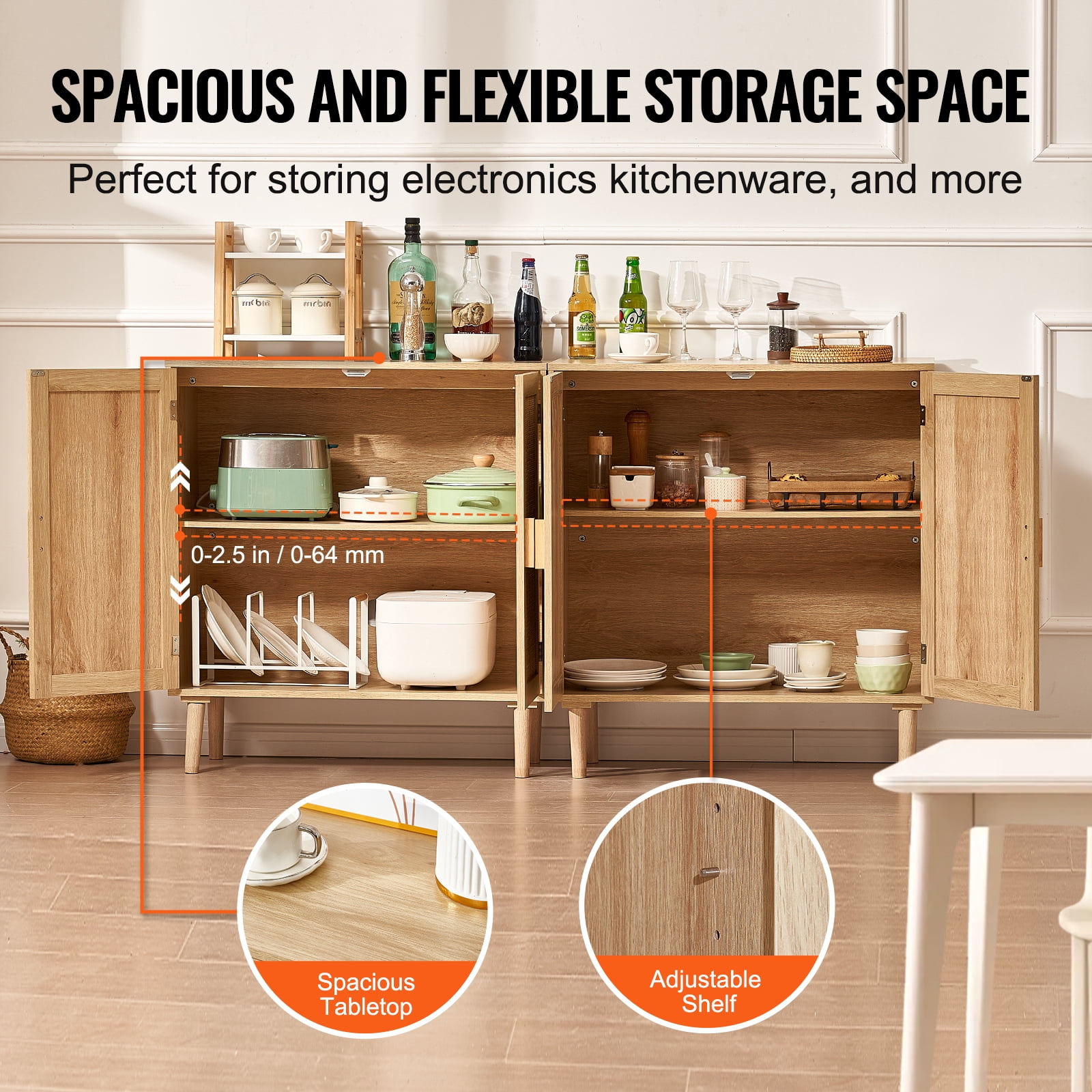VEVOR Rattan Cabinet, Set of 2, Rattan Storage Cabinet with 4 Magnetic Doors and Adjustable Shelves, Sideboard Buffet Cabinet for Hallway, Entryway, Living Room, or Kitchen, Natural