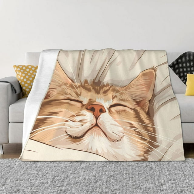 Cauagu Sleeping Cat In Blanket Pattern Fleece Throw Blanket, Horizontal Fleece Bedding Home Decor for Couch & Bed All Season Use-80"x60"