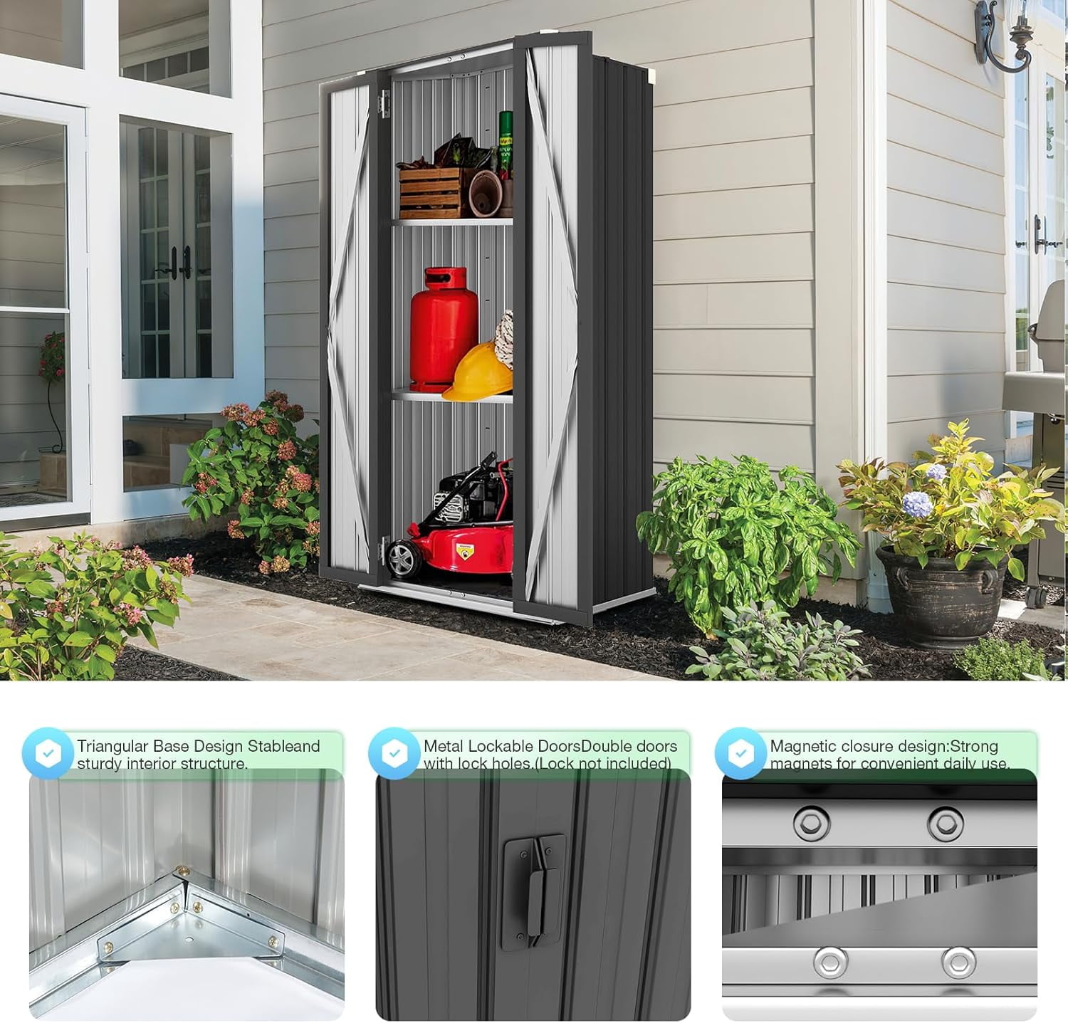 YODOLLA Outdoor Metal Storage Shed with Locking Doors and Adjustable Shelves for Home, Office,Garden(Grey)