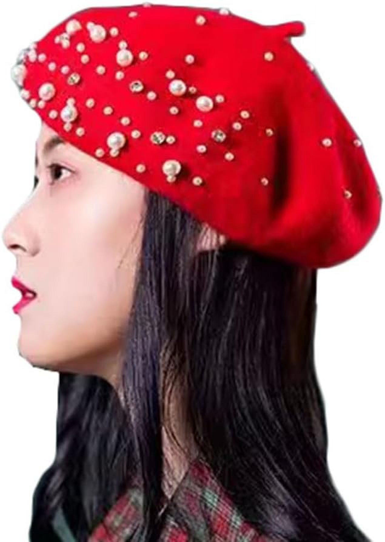 1946 Women Girls Beaded Pearl Rhinestone Wool French Beret Hat Winter Artist Pearl Rhinestone Winter Wool French Beret Hat Artist Beanie  main image 2
