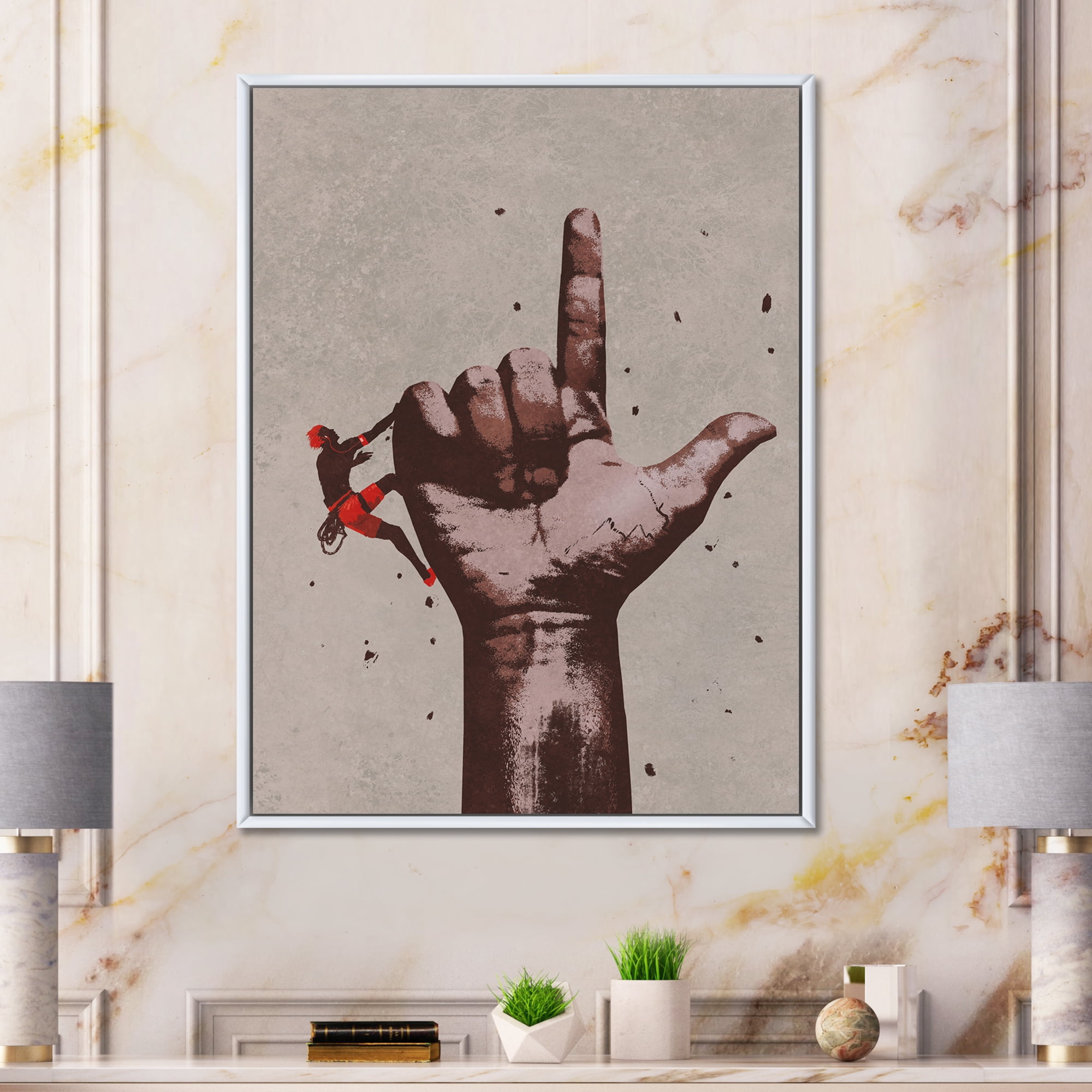 Designart 'Climber With Finger Pointing Up Sign' Modern Framed Canvas Wall Art Print