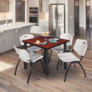 Regency Kee 48 in Square Breakroom Table- Cherry Top, Black Legs, 4 M Stack Chairs- Grey