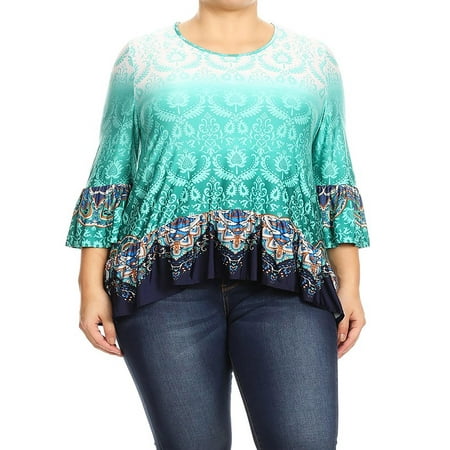 Leopard Print Ruffle Trim - MOA COLLECTION Women's Plus Size Polka Dot Ruffle Trim 3/4 Flounce Sleeves Tunic Top Blouse/Made in USA