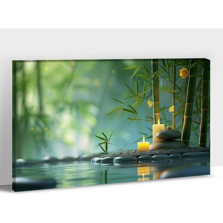 Zen Canvas Wall Art Green Zen Spa Candle Bamboo Pictures Prints Wall Decor Modern Wall Decor for Bedroom Office Yoga Living Room Canvas Paintings Framed Artwork Ready to Hang 12x18 Inch