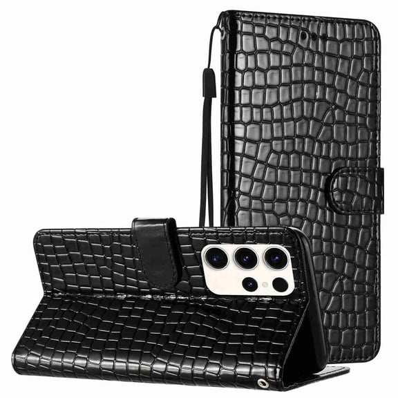 for Samsung Galaxy S26 Ultra Crocodile Texture Faux Leather Wallet Case, with Credit Card Slots Kickstand Magnetic Calsp Wrist Strap Protection Shockproof Slim Folio Flip Phone Cover, Black