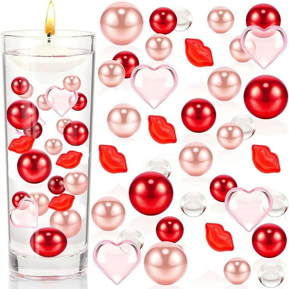 Tarmeek 6076PCS Valentine's Day Vase Fillers Red Pink Pearl Vase Fillers Floating Pearls Floating Candles Centerpiece for Vase Filler Table Party Home Festival Decor for Wedding Valentine's Day