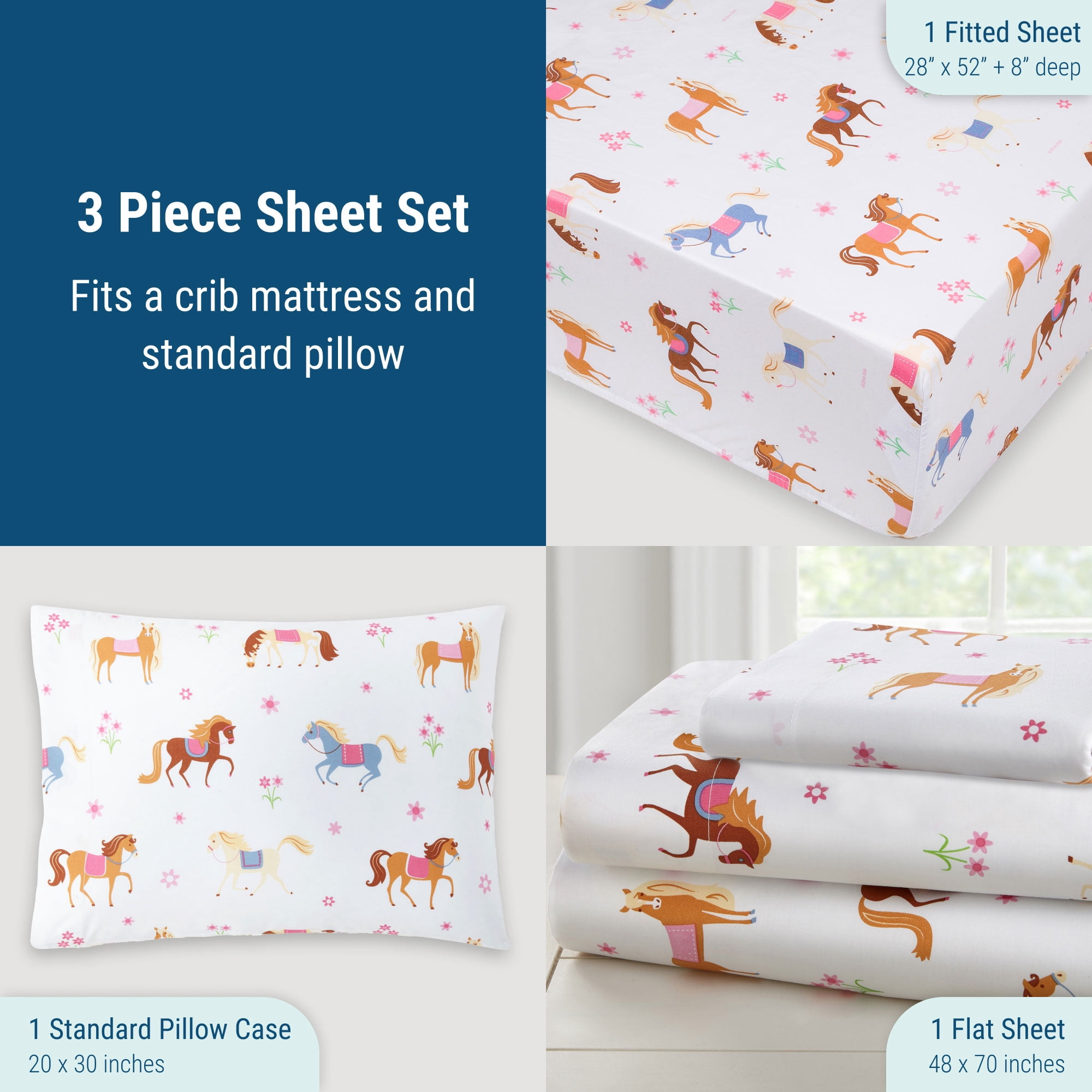 Wildkin Horses Microfiber Sheet Set - Toddler in Pink, for Girls unisex (Horses)