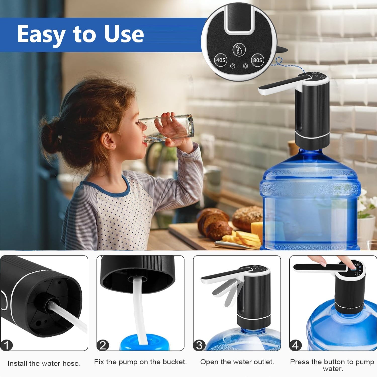 Uncahome Water Dispenser for 5 Gallon Bottle, Rechargeable Portable Electric Water Bottle Pump, Foldable Automatic Water Jug Pump for for Home, Office & Camping (Black)