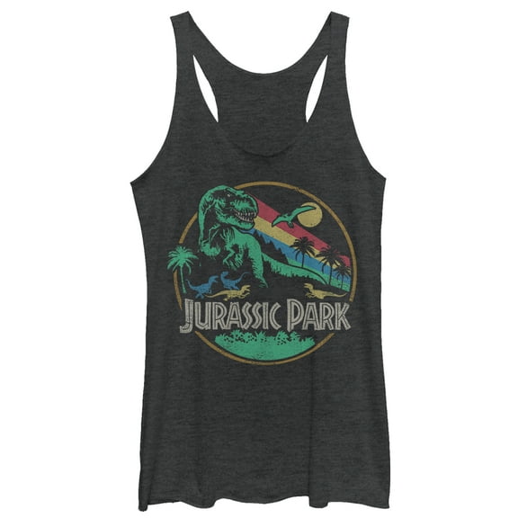 Women's Jurassic Park Rainbow Emblem  Racerback Tank Top Black Heather X Small