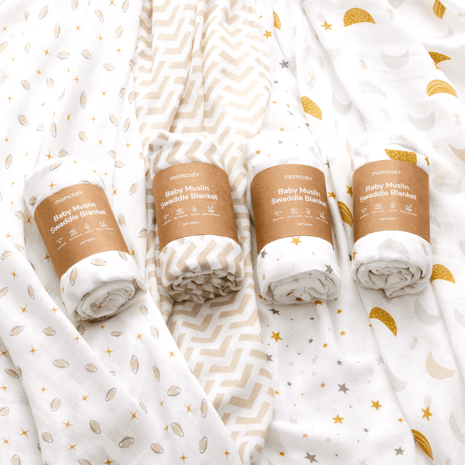 Momcozy Muslin Swaddle Blankets, 4 Pack, Breathable 2-Layer Gauze Large 47'' x 47'' Baby Swaddling Receiving Blanket Wraps for Newborn Boys Girls