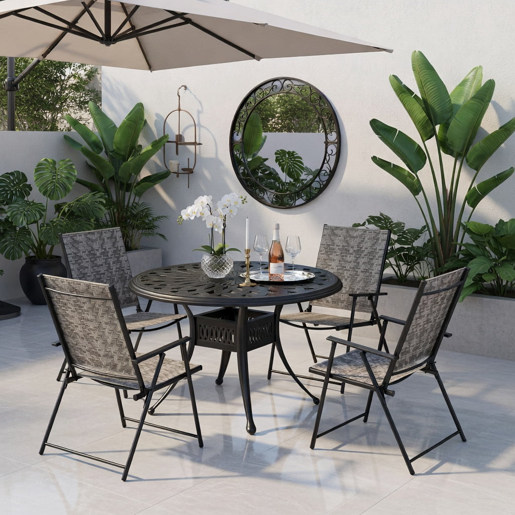 Hommoo 4-Pack Folding Patio Chairs with Armrests, Heavy-Duty PE Rattan & Steel Frame, Rust-Resistant Outdoor Lawn Chairs for Backyard, Garden, Poolside, Gray
