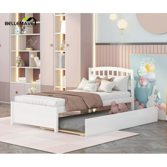Bellemave Simple Style Twin Size Wood Platform Bed Frame Space Saving Twin Platform Bed with Trundle and Headboard, No Box Spring Needed, White