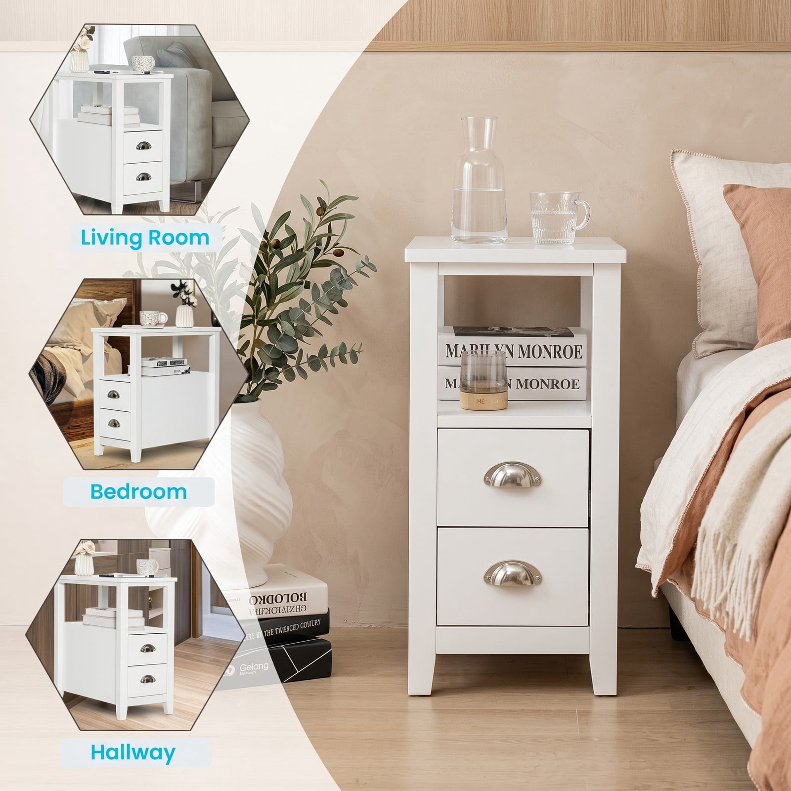 Furnibear Narrow Nightstand with 2 Drawers and Open Shelf Wooden Bedside End Table for the Bedroom and Living Room, White
