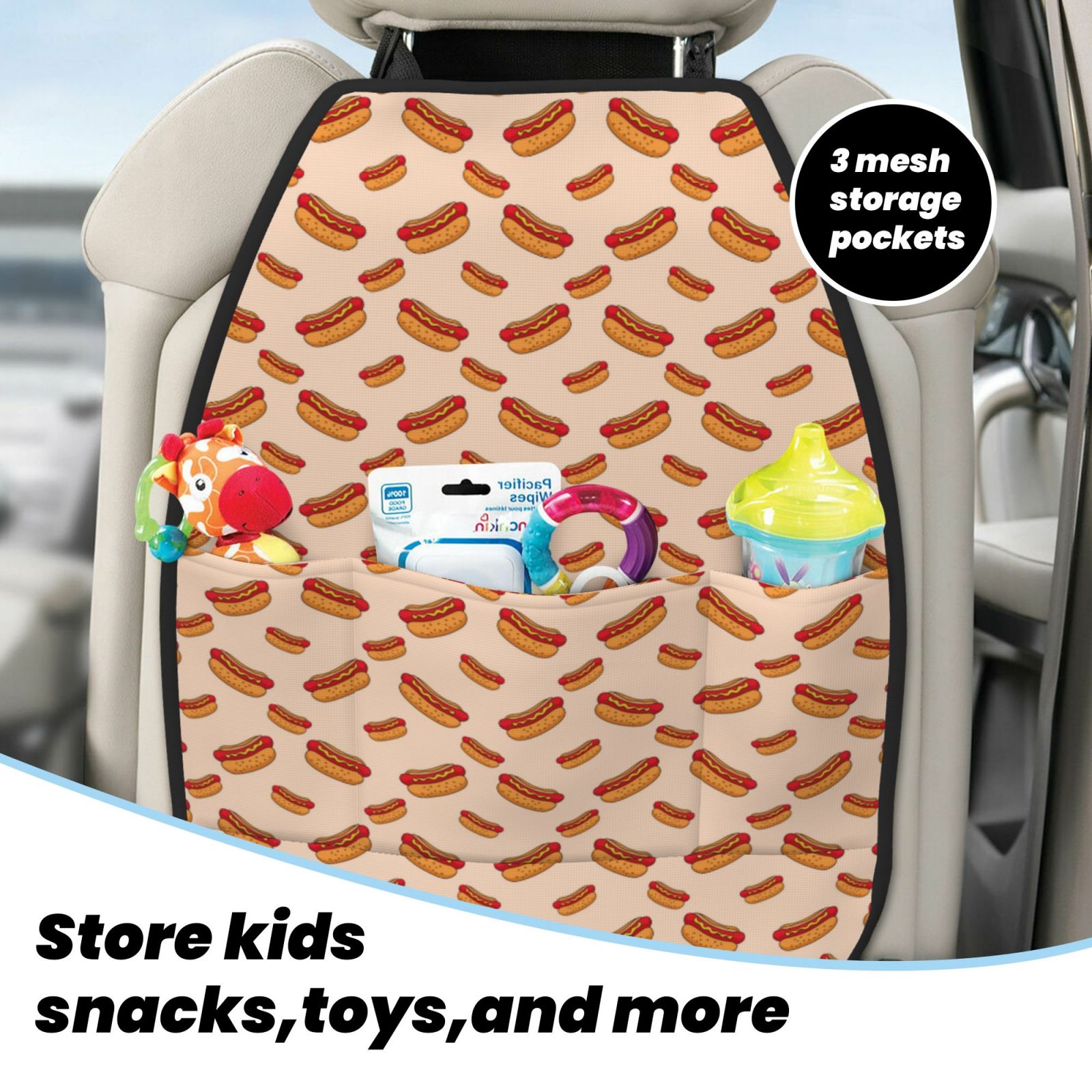 Kdxio Hot Dog 2 Print 2 Pack Car Kick Mat Seat Cover Back Protector Mat with Pockets for Organizer Backseat Protector and Storage Anti Kick Pad for Vehicles