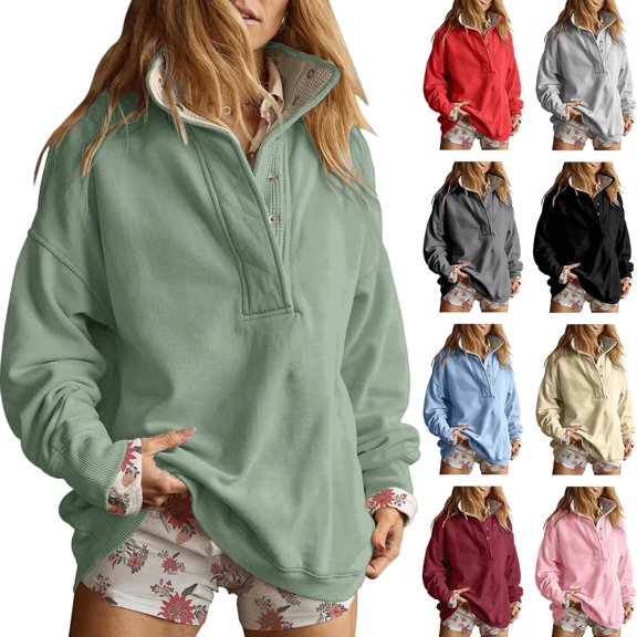 Stralyhd Womens Sweatshirt Oversized Stand Henley Collar Long Sleeve Soft Comfort Pullover Tops Fall Winter Clothes Mint Green 2XL