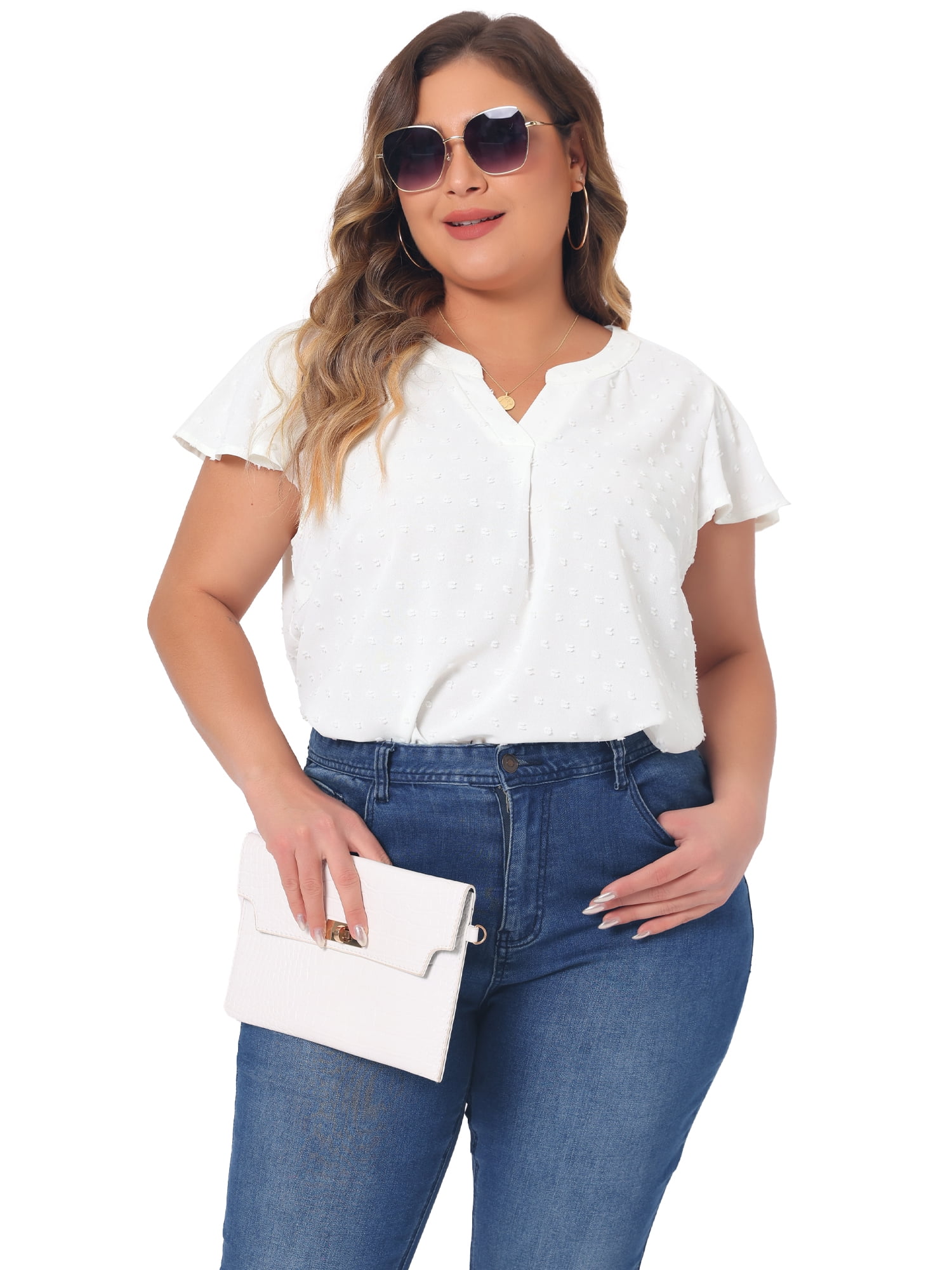 DARING DIVA Women's Plus Swiss Dots Notched Neck Ruffle Sleeve Top 4X White
