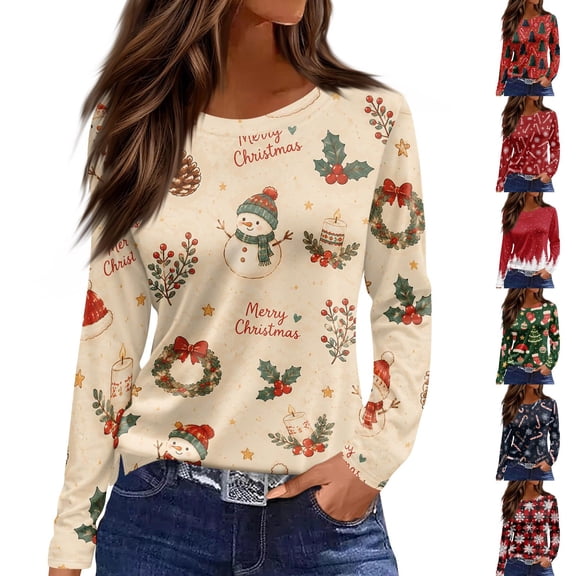 Christmas Shirts for Women Long Sleeve Tshirt Xmas Cute Print Tops Crew Neck Graphic Tees