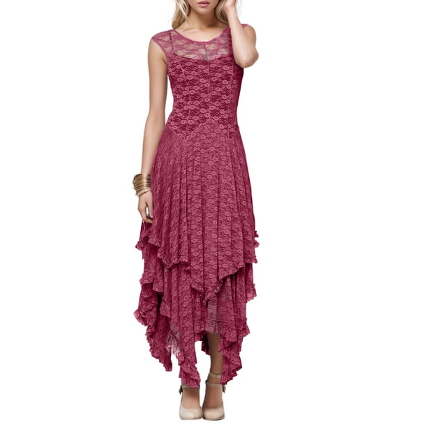 Vestido largo sexy de mujer con falda irregular de encaje alto y bajo - Cuello en V, mangas con volantes, diseño con bolsillos - Apto para la playa, para llevar de forma informal o para fiestas - A