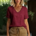 thumbnail image 5 of Summer Linen Shirts for Women V Neck Short Sleeve Tunic Tops Loose Fit Comfy Beach Casual Base Tee T-Shirts (M, Wine), 5 of 7