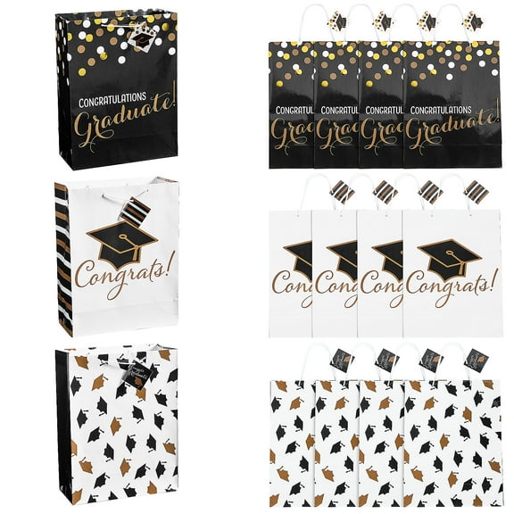 Fun Express 10" x 13" Large Black & Gold Graduation Paper Gift Bags with Tag - 12 Pc.