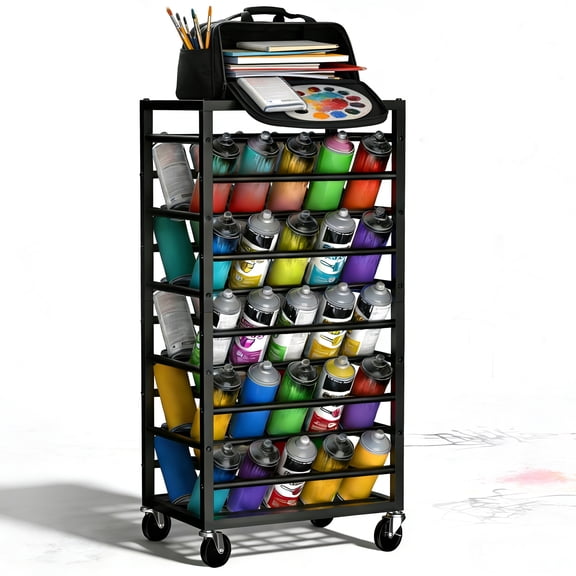 Rolling Spray Paint Storage Rack - 5 Tier 50 Can Aerosol Can Organizer Cart with Lockable Casters & Top Shelf for Garage, Workshop & Art Studio