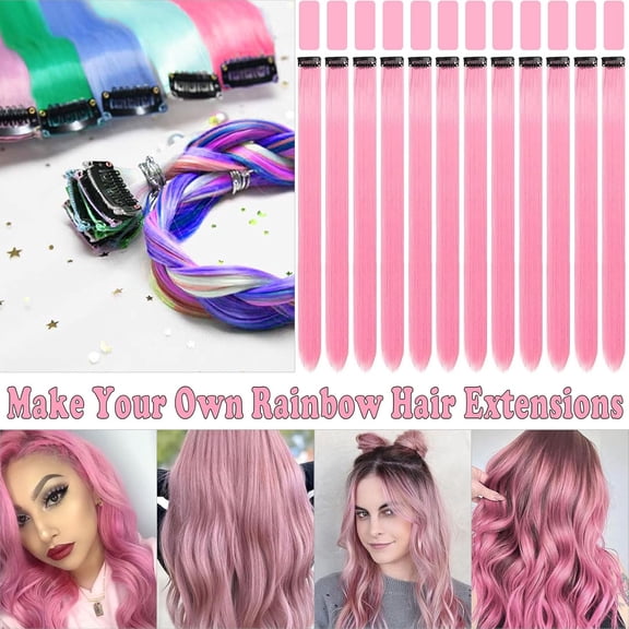 WEIF-12 PCS Pink Hair Extensions Clip in, 22 Inch Colored Hair Extensions Party Highlights Long Straight Synthetic Hairpieces for Women Kids Girls Cosplay