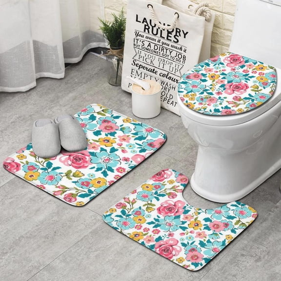 Pioneer Flower Floral Print Pattern Bathroom Rugs Sets 3 Piece,Toilet Cover Set,Absorbent Non Slip Bathroom Mats Sets with U-Shaped Contour Rug Toilet Rug Set