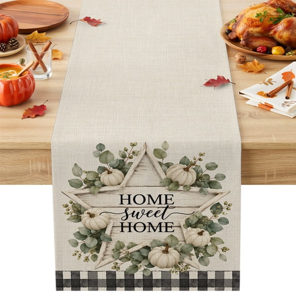 Sweet Home Cotton Linen Table Runner Thanksgiving Wooden Star White Pumpkin Leaf Linen Texture Dining Table Runners for Home Decor Party Dining Room Restaurant Kitchen Party 13" x 48"