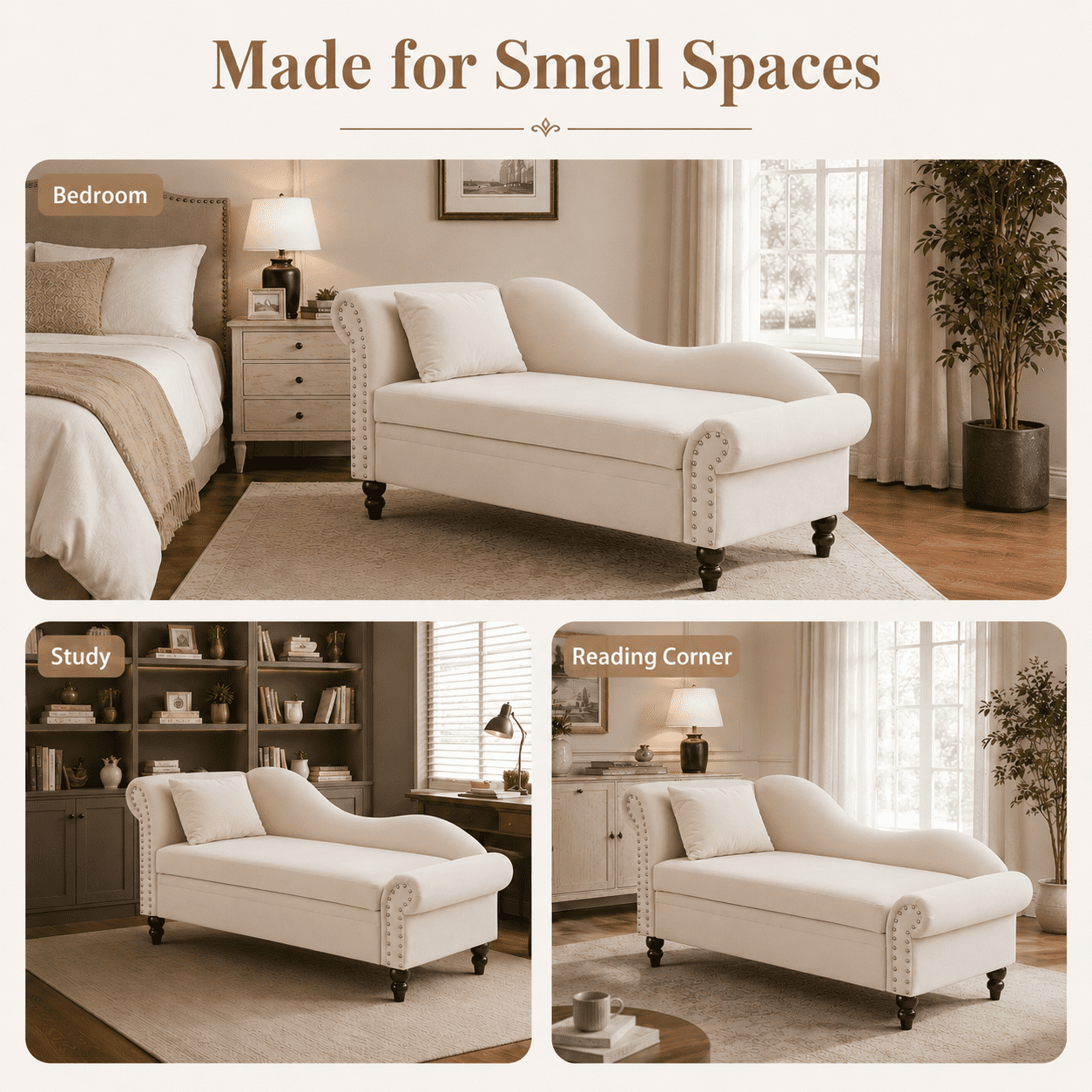 Aukfa 64.5" Modern Velvet Chaise Lounge with Storage, Left Armrest Lounge Sofa with Silver Nailhead Trim & Lumbar Pillow,Beige