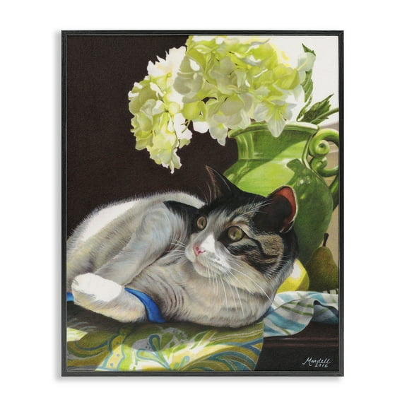 Stupell Industries Cat & Blue Ribbon Animals & Insects Painting Black Framed Art Print Wall Art, 11 x 14