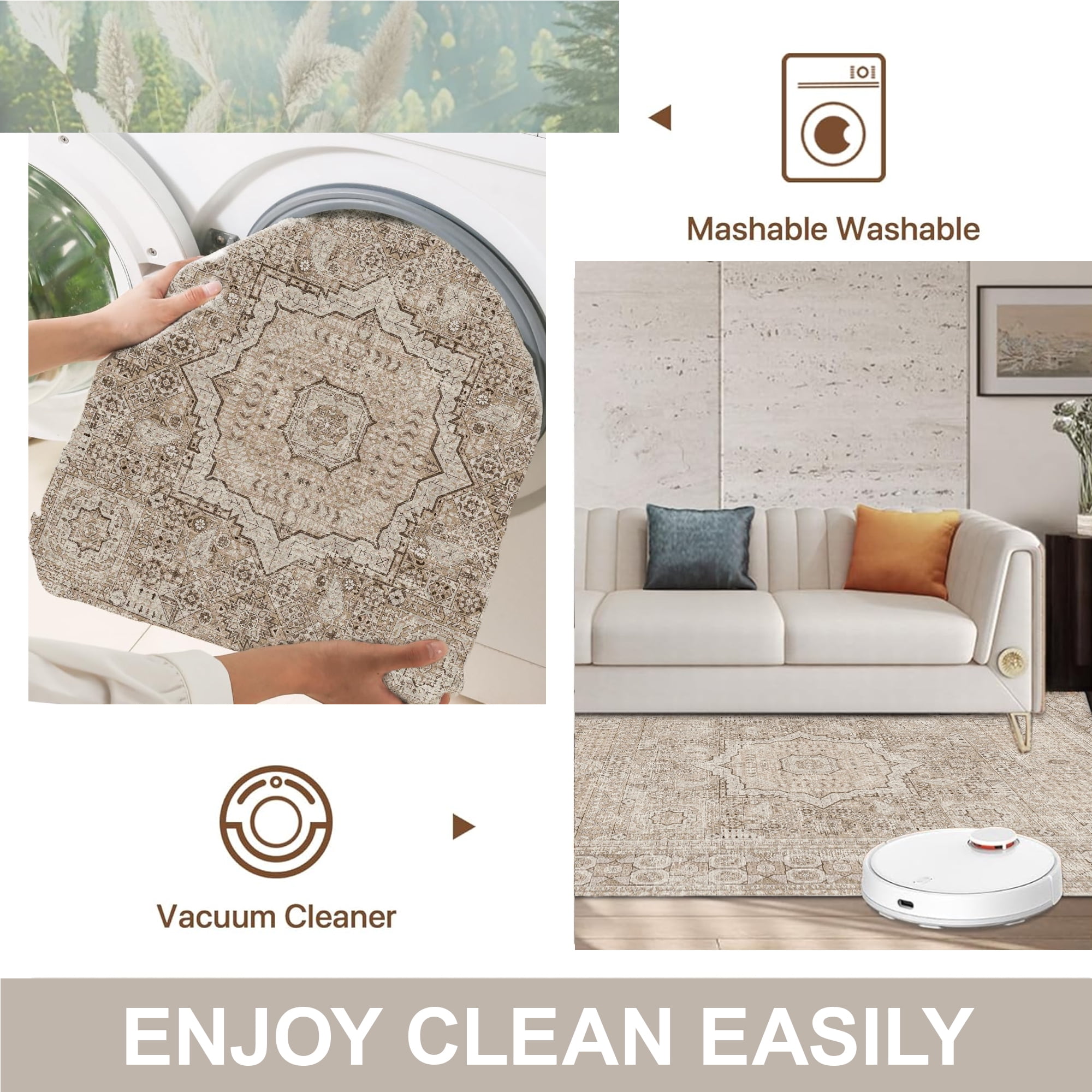 Dowellia Area Rugs for Living Room 8'x 10' Machine Washable Vintage Print Large Throw Non Slip Bedroom Rugs, Brown