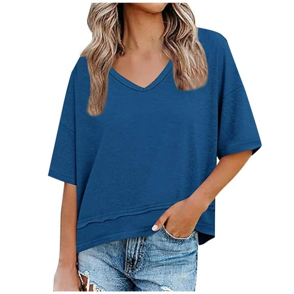 DeHolifer T-Shirts for Women Summer V-Neck Casual Solid Color Short Sleeve Flowy Tops Cute Loose Basic Tees Tops Blue M
