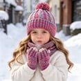 thumbnail image 2 of mgoYE Girls Boys Solid Color Beanie Hat Glovs Set Fleece Lined Winter Hat with Pom Pom for Cold Weather, 2 of 5
