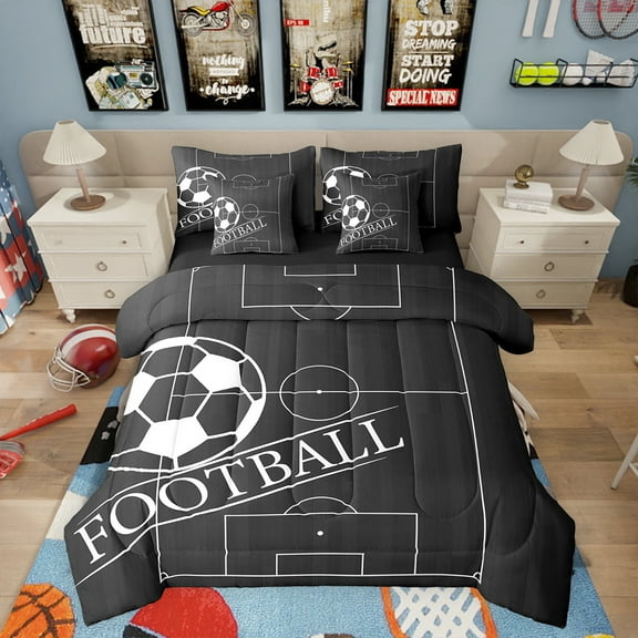 7 Pieces Football Twin Size Comforter Set Sport Bedding Comforter Sets, Black Reversible Bedding Set Black and White Bed in a Bag, Ball Gaming Bedding Sets, Breathable