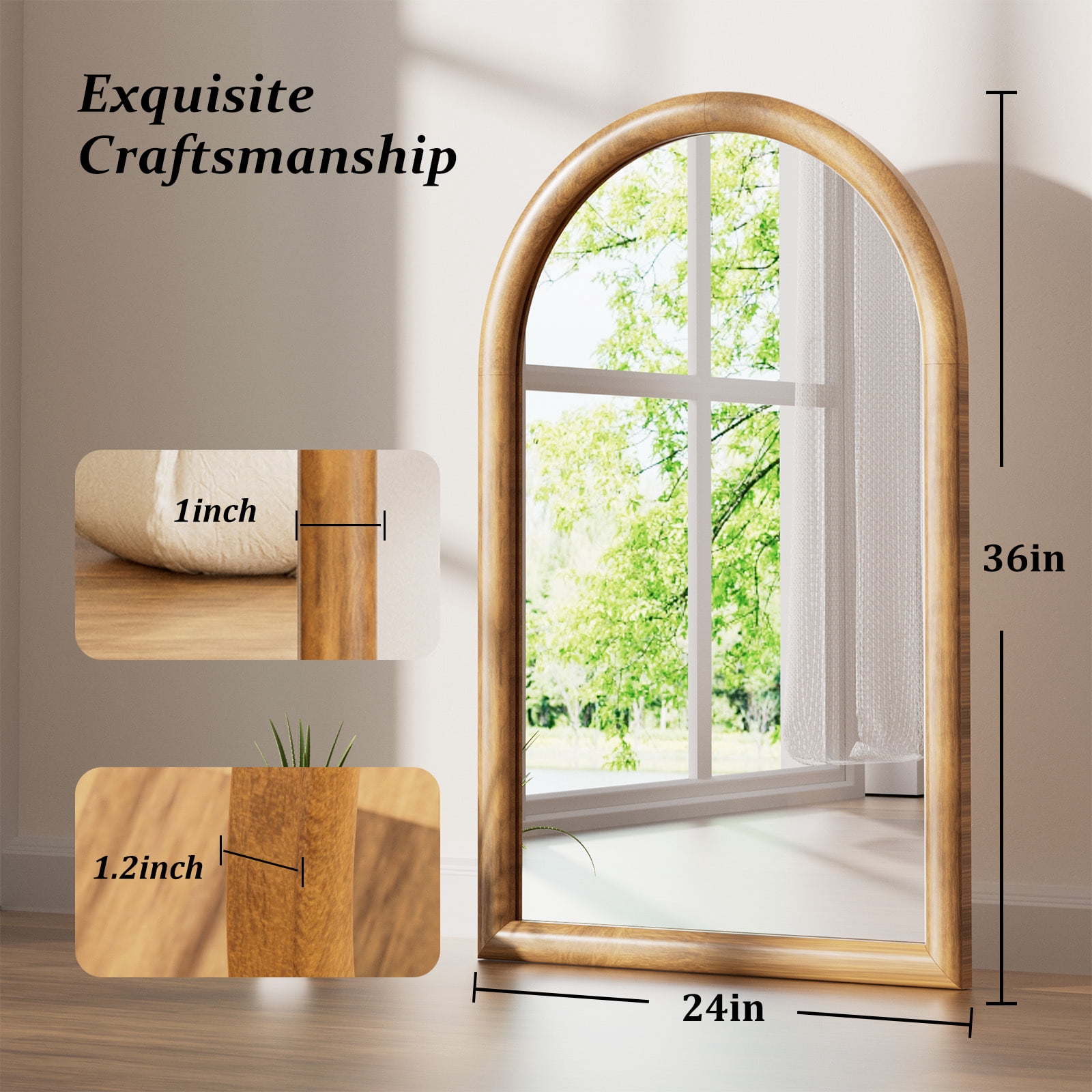Easy4Home 36" x 24" Arched Bathroom Mirror Wall Decor with Wooden Frame, Natural Wood