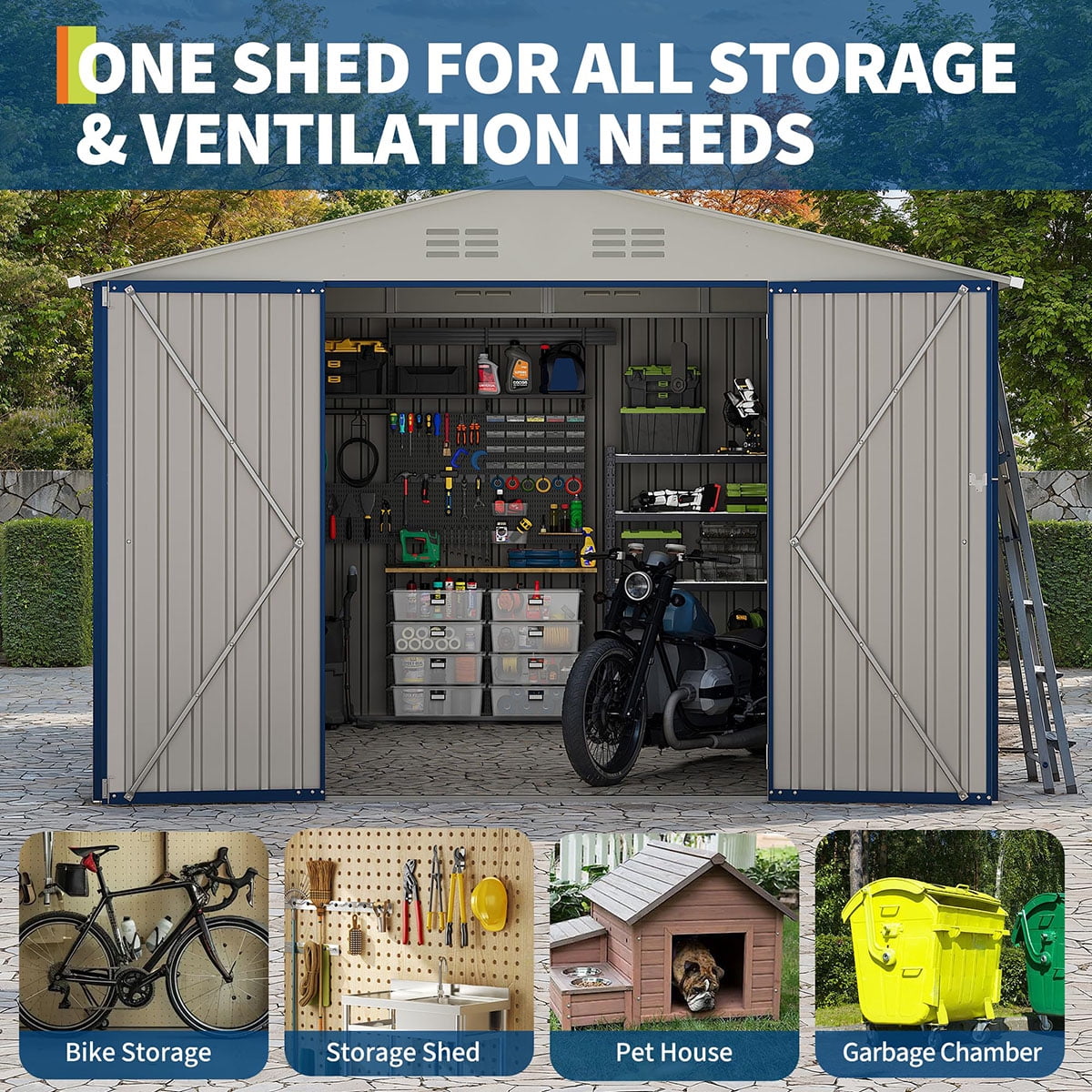 Soonbuy 10x10 FT Outdoor Storage Shed, Large Metal Garden Shed with Lockable Door & Peak Roof, 540 Cu Ft Capacity, All-Weather Galvanized Steel Tool Shed for Backyard, Patio, Lawn (ship in 3 boxes)
