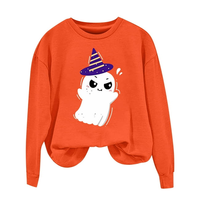 NMMUED Chandail d'Halloween Grande Taille, Haut à Manches Longues Y2k, Hauts d'Halloween pour Femmes, Chandails à Col Rond pour Femmes, Hauts d'Halloween pour Femmes, Chandail Surdimensionné pour Femmes, Orange G
