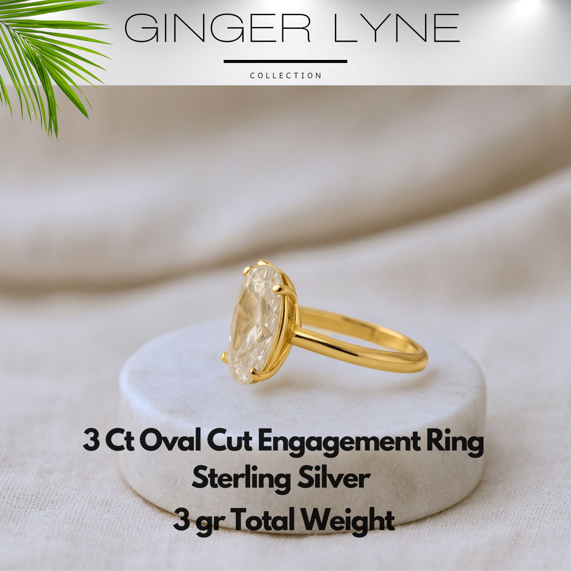 Solitaire 3Ct Oval Cut Engagement Ring for Women 14kt Gold Plated Sterling Silver 8A CZ Ginger Lyne Collection