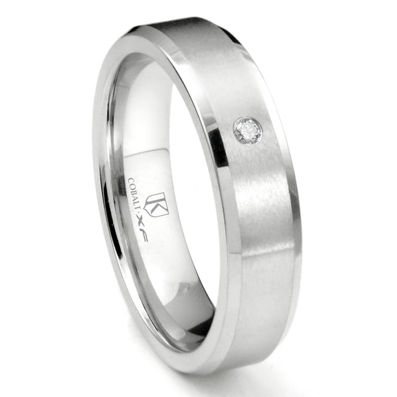 Titanium Kay Cobalt Xf Chrome 6MM Solitaire Diamond Brushed Comfort Fit Wedding Band Ring with Beveled Edges Sz 10.0