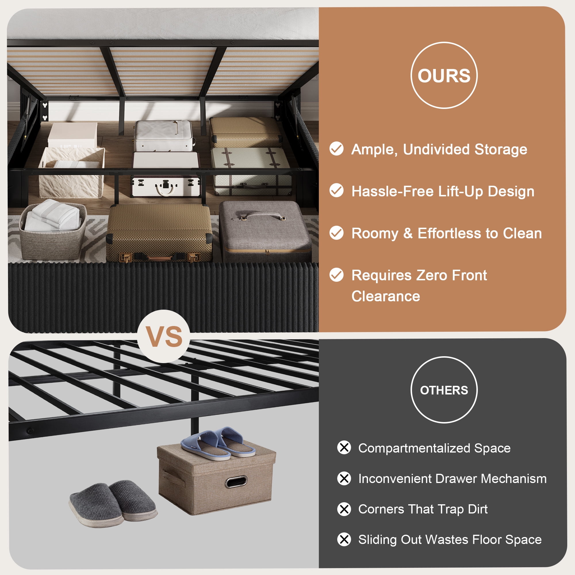 Amolife King size Hydraulic Lift Storage Bed Frame with Wingback Headboard, Corduroy Upholstery, Black