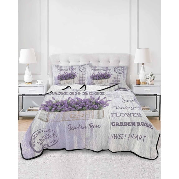 Quilts Twin XL Size, Purple Vintage Lavenders Soft Comforter Bedding Set for Bed, Farmhouse Wooden Retro Art Lightweight Quilted Bedspread with Pillow Cover(2 Pieces) for All Season, 68x98 Inch