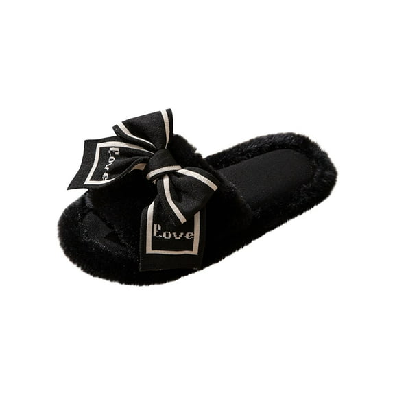 Black Ladies Fashion Casual Indoor Outdoor Slippers Warm Plus Velvet Bow Slip-On Comfortable Slippers