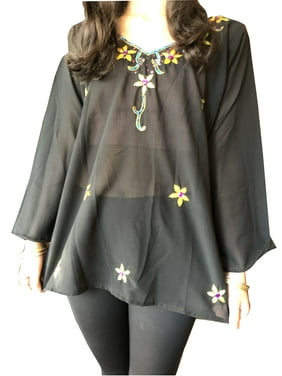 Mogul Women Boho Tunic Top, Soft Georgette Black Floral Embroidered Top , Casual Summer Blouse/Top M