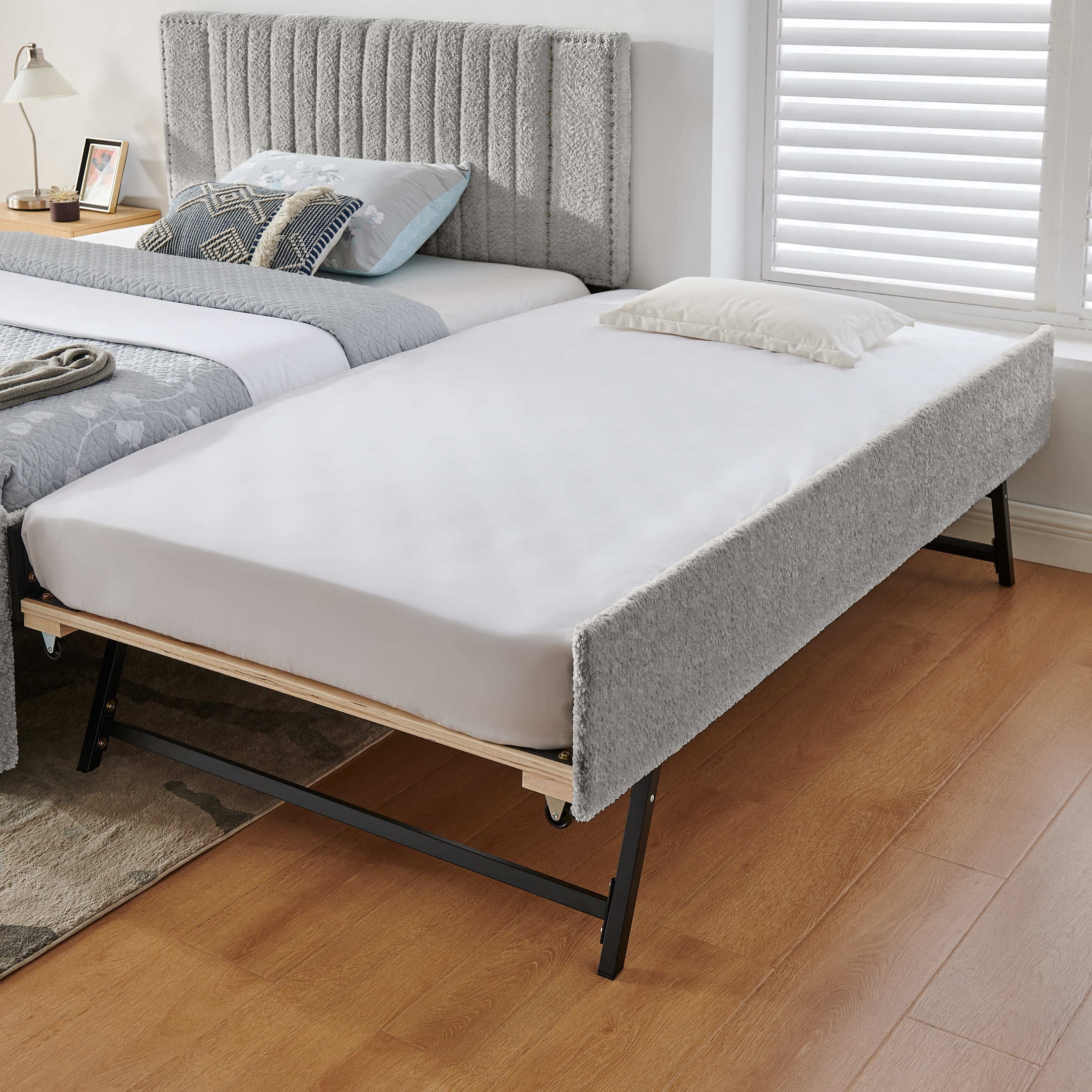 Noble House Luxen Full Chenille Upholstered Bed, Vertical Tufted Daybed with Pull-out Trundle and Storage Drawers, Gray