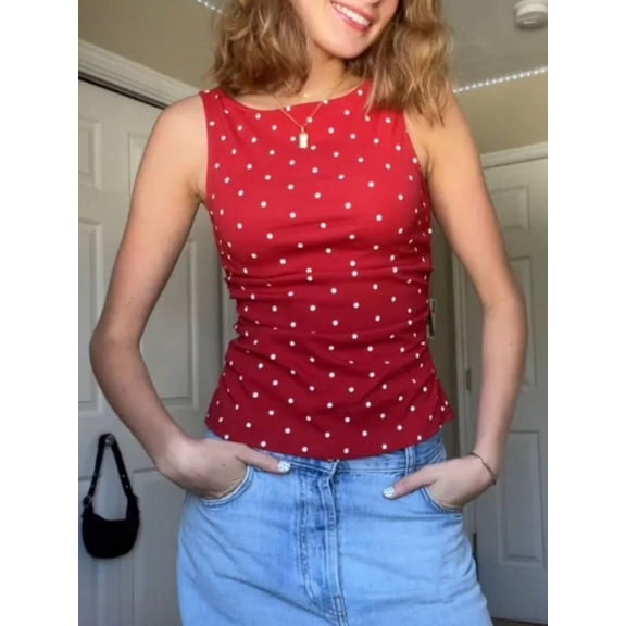 Red Polka Dot Ruched Front Sleeveless Tank Top, Crew Neck, Slim Fit