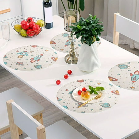 

Round Grid Placemat One Sizex1 Round Placemat PVC Plate Mat，15.4 Inch Non-Slip and Heat Resistant Table Placemat Dining Room Placemat Cartoon Rocket